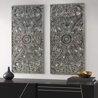 Madison Park Wall Art Living Room Décor - Floral Antiqued Wooden Carving Wall Decor Panel, Copper Embellished, Ready to Hang Wall Decor for Bedroom, 15.75"W x 31.5"L x 0.59"D, Patina Blue, 2 Piece