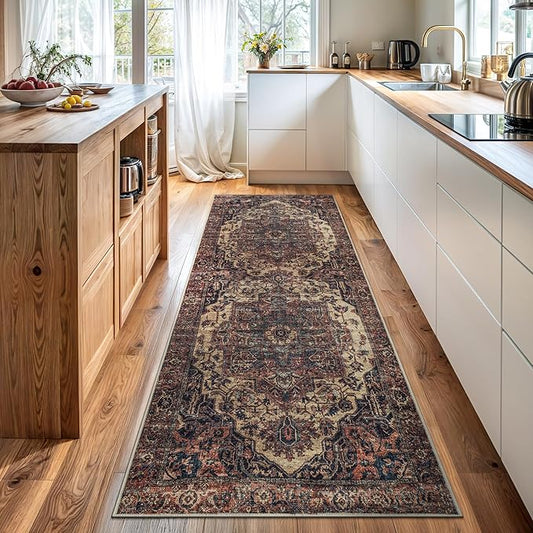 Bloom Rugs Washable 7 ft Runner - Beige/Terracotta Traditional Runner for Entryway, Hallway, Bathroom, and Kitchen - Exact Size: 2.5' x 7'