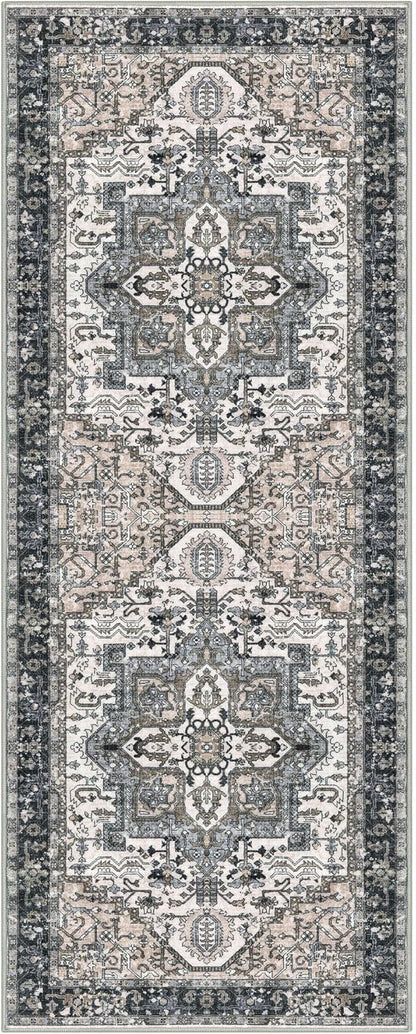 KOZYFLY Runners for Hallways 2x5 Ft Washable Kitchen Runner Rug Boho Runner Rug for Entryway Indoor Printed Oriental Faux Wool Floor Carpet Runner for Laundry Room Kitchen Hall, Black/Taupe/Beige