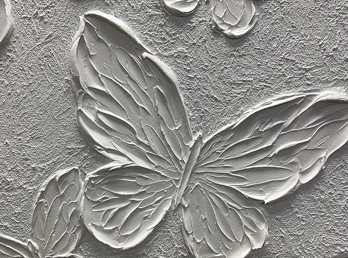 Boiee Art,24x36Inch Hand-Painted Textured Butterfly Vertical Wall Art Abstract Pure White Oil Paintings Modern Contemporary Wall Art Framed Ready to Hang for Home Decorations