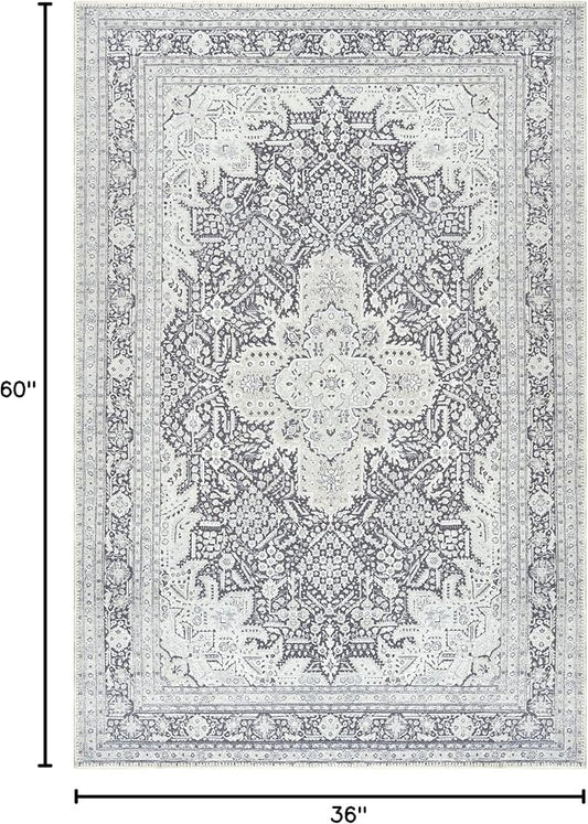 Bloom Rugs Washable Non-Slip 3' x 5' Rug - Charcoal Blue Traditional Medallion Area Rug for Living Room, Bedroom, Dining Room, and Kitchen - Exact Size: 3' x 5'