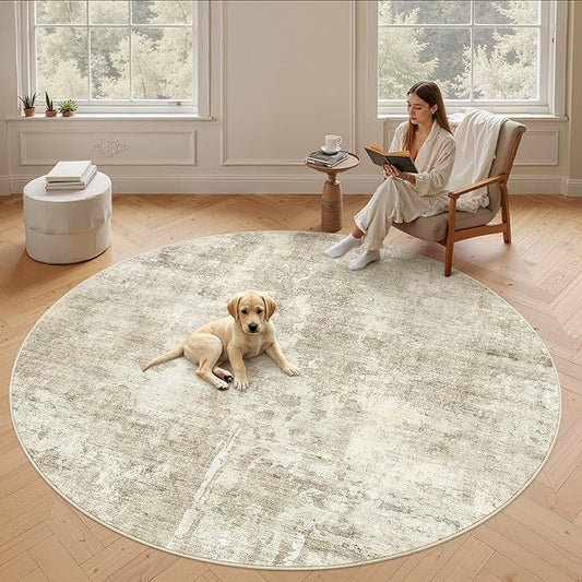Soalmost 8x8 Beige Gray Round Rug 8ft Living Room Circle Rug Vintage Round Area Rug Non Slip Indoor Carpet for Apartment