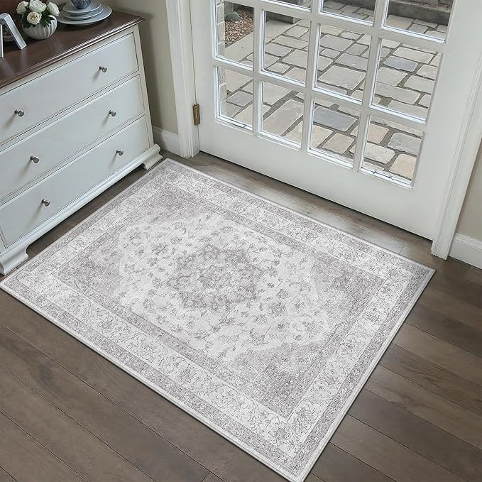 PureCozy Grey Gray Area Rug 2x3 Washable Vintage Small Carpet for Entryway Kitchen Soft Retro Low Pile Thin Door Mat Non Slip Oriental Medallion Throw Rug for Bathroom Office Bedroom Dining Room