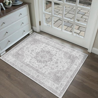 PureCozy Grey Gray Area Rug 2x3 Washable Vintage Small Carpet for Entryway Kitchen Soft Retro Low Pile Thin Door Mat Non Slip Oriental Medallion Throw Rug for Bathroom Office Bedroom Dining Room