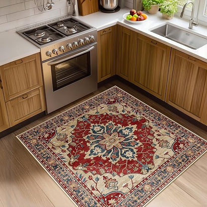 RELEANY Area Rugs Square 4ft Washable Non-Slip, Floral Vintage Distress Print Pattern Medallion Carpet for Living Room Bedroom Dining Room, Red Blue