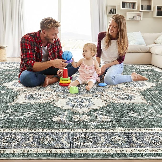 Area Rug for Living Room - 9x12 Soft Washable Oriental Vintage Floral Distressed Large Carpet - Fade Stain Resistant Non Slip Rugs for Bedroom Dining Room Nursery Dorm Office Home Decor - Green