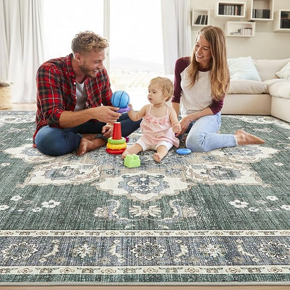 Area Rug for Living Room - 9x12 Soft Washable Oriental Vintage Floral Distressed Large Carpet - Fade Stain Resistant Non Slip Rugs for Bedroom Dining Room Nursery Dorm Office Home Decor - Green
