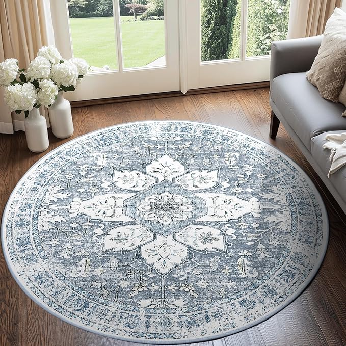 BESTSWEETIE 8ft Area Rug Washable Rugs for Living Room, No Pile Boho Carpet for Entryway Bedroom Dinning Room, Vintage Carpet Print Distressed Non-Slip, 96" Round, Blue Grey White