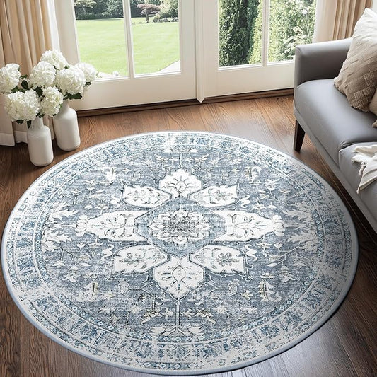 BESTSWEETIE 6ft Area Rug Washable Rugs for Living Room, No Pile Boho Carpet for Entryway Bedroom Dinning Room, Vintage Carpet Print Distressed Non-Slip, 72" Round, Blue Grey White