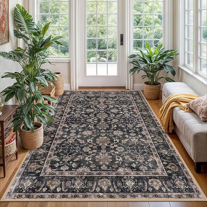 KUTA Vintage Area Rug 4x6 Washable Rug Brown Traditional Floor Cover Foldable Ultra Thin Soft Retro Accent Indoor Distressed Non Slip Carpet Floral Print Mat Bedroom Living Room Dorm Office