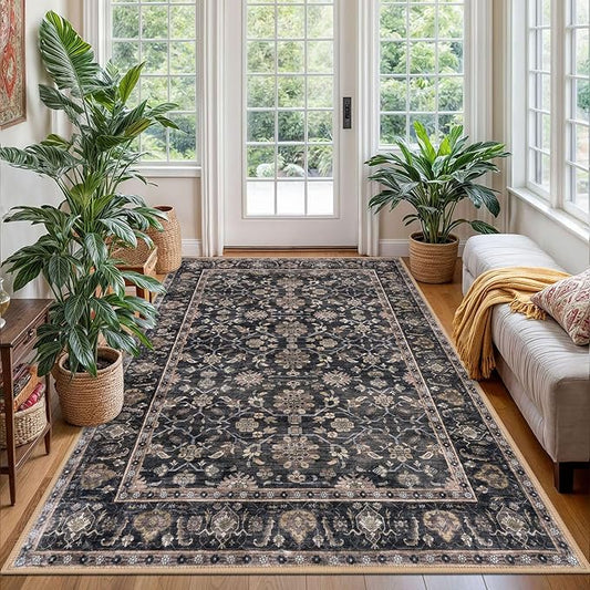 KUTA Vintage Area Rug 4x6 Washable Rug Brown Traditional Floor Cover Foldable Ultra Thin Soft Retro Accent Indoor Distressed Non Slip Carpet Floral Print Mat Bedroom Living Room Dorm Office