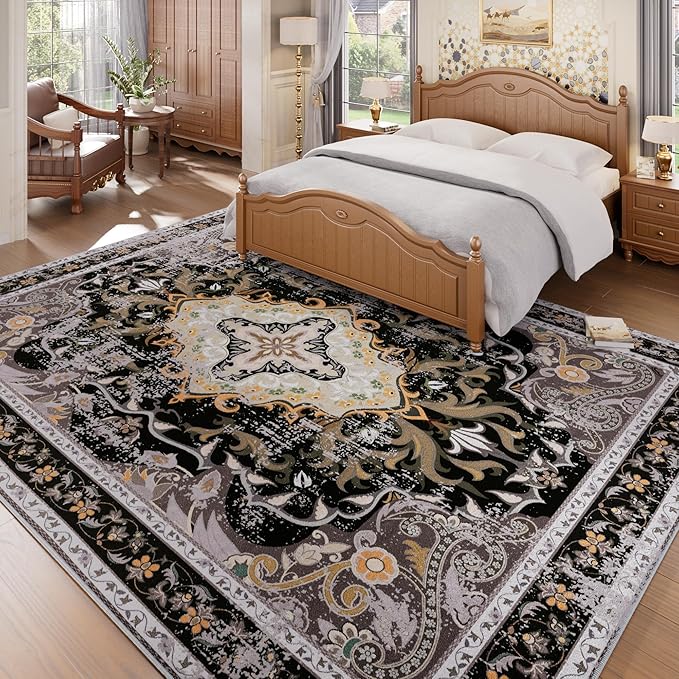 RUSHUFFY 8x10 Washable Area Rugs for Living Room, Non-Slip Large Boho Vintage Retro Print Pattern Carpet for Bedroom Dorm Dining Room Farmhouse Nursery Home Office, Black & Gold