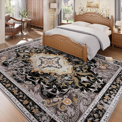 RUSHUFFY 8x10 Washable Area Rugs for Living Room, Non-Slip Large Boho Vintage Retro Print Pattern Carpet for Bedroom Dorm Dining Room Farmhouse Nursery Home Office, Black & Gold