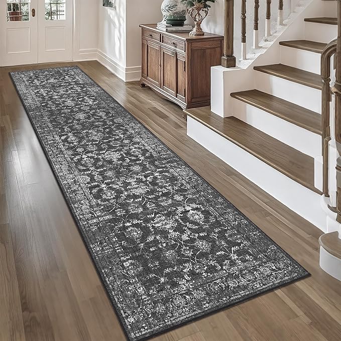 2.6x10 Black Runner Rug Hallway Washable Area Rugs Kitchen Vintage Boho Non Slip Long Rug Floral Carpet Indoor Retro Soft Low Pile Throw Rug for Bedroom Bathroom Laundry Dining Living Room Office