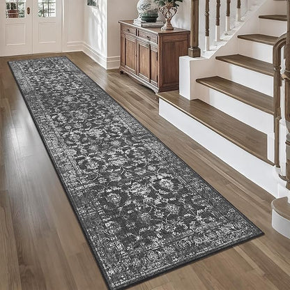 2.6x10 Black Runner Rug Hallway Washable Area Rugs Kitchen Vintage Boho Non Slip Long Rug Floral Carpet Indoor Retro Soft Low Pile Throw Rug for Bedroom Bathroom Laundry Dining Living Room Office