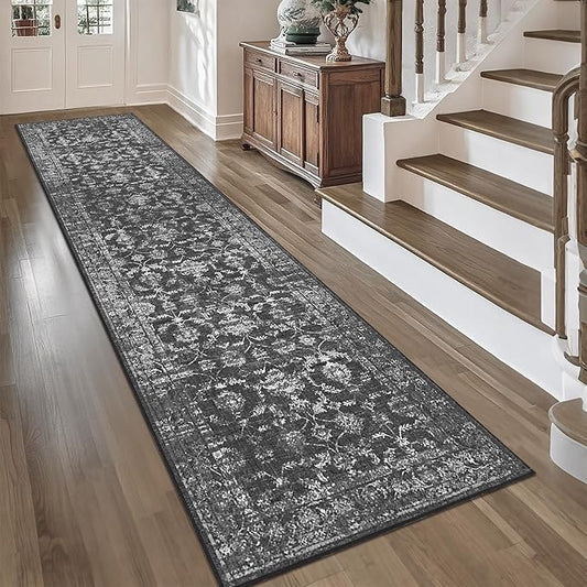 2.6x10 Black Runner Rug Hallway Washable Area Rugs Kitchen Vintage Boho Non Slip Long Rug Floral Carpet Indoor Retro Soft Low Pile Throw Rug for Bedroom Bathroom Laundry Dining Living Room Office