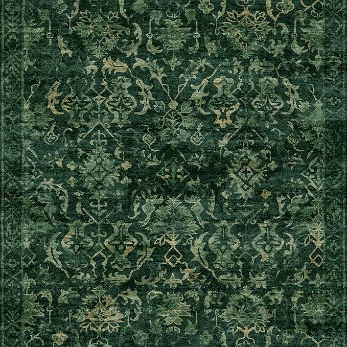 Dark Green 2x4 Runner Rug for Hallways Bed Side Kitchen, Boho Washable Distressed Low-Pile Floor Entryway Long Bathroom Mat, Non-Slip Laundry Room Washstand Front Carpet Green 24x48 Inch