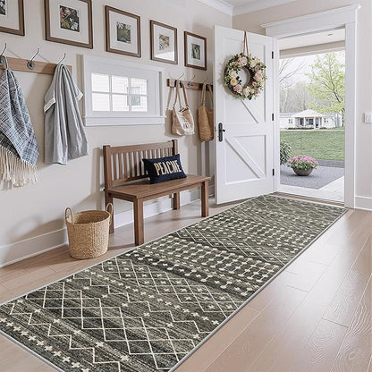 Miukiki 2x8 Runner Rug Moroccan Washable Kitchen Rug Non Slip Indoor Floor Hallway Runner Rug Foldable Carpet for Bathroom Laundry Room with Low Pile(Black,2'x8')
