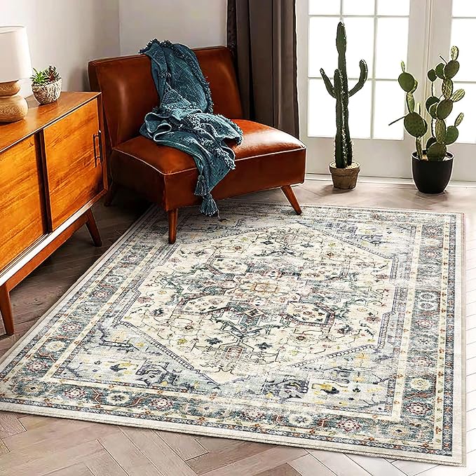 CHAMPLANT 3'x5' Cyan Khaki Vintage Washable Thin Area Rug Traditional Floor Cover Foldable Indoor Distressed Non Slip Carpet Floral Print Mat Bedroom Living Room Bathroom