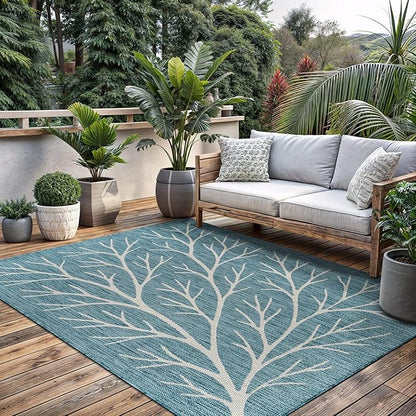 Washable Indoor Outdoor Rug 5x7 Modern Area Rugs Branch Pattern Non Shedding Waterproof Easy Clean Patio Deck Porch Living Room Bedroom Garden RV (5 X 7 Aqua)