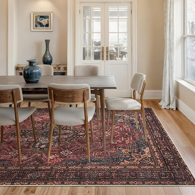 Bloom Rugs Washable Non-Slip 6' x 9' Rug - Red/Teal Blue/Yellow Traditional Medallion Area Rug for Living Room, Bedroom, Dining Room, and Kitchen - Exact Size: 6' x 9'