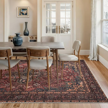 Bloom Rugs Washable Non-Slip 6' x 9' Rug - Red/Teal Blue/Yellow Traditional Medallion Area Rug for Living Room, Bedroom, Dining Room, and Kitchen - Exact Size: 6' x 9'