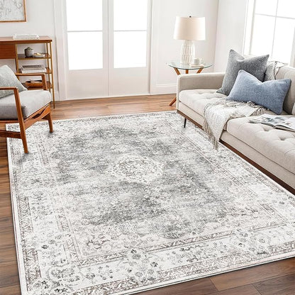 CHAMPLANT Washable Area Rug 4'x6' Vintage Traditional Floor Cover Foldable Thin Rugs Retro Kitchen Indoor Distressed Non Slip Carpet Floral Print Mat Bedroom Living Room