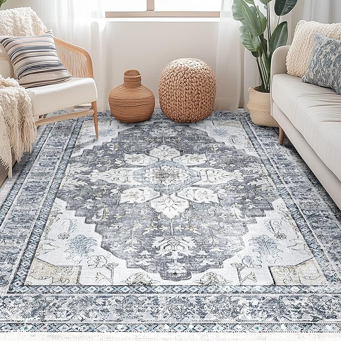 BESTSWEETIE 3x5 Area Rug Washable Rugs for Living Room, No Pile Boho Carpet for Entryway Bedroom Dinning Room, Vintage Carpet Print Distressed Non-Slip, 3 x 5 ft, Blue Grey White