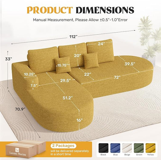112" Modern Curved Cloud Couch, Chenille Boneless Couches for Living Room with Deep Seat, Memory Foam Compressed Modular Sectional Sofa, No Assembly Required,Yellow 1 PCS
