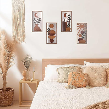Orange Boho Wall Art Set of 4, Abstract Geometric Wooden Terracotta Wall Decor, Mid-Century Modern Aesthetic Artwork with Arch, Vase & Botanical Design for Modern Home Decor for Bedroom, Office & Living Room(B)