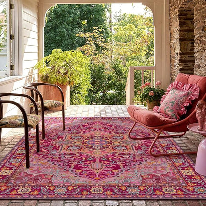 Kokia 9x12 Washable Magenta Hot Pink Area Rugs with Vintage Orient Design, Soft Rug for Living Room or Bedroom, Non-Slip Low Pile Stain Resistance Features, Distressed Medallion Pattern