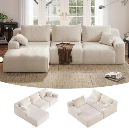 Homkdom L-Shaped Cloud Boneless Couch with Deep Seat, Modular Sectional Sofa with Oversized Chaise, 6 Layouts Combination for Living Room, Apartment, No Assembly (White Check, Left Facing Chaise)