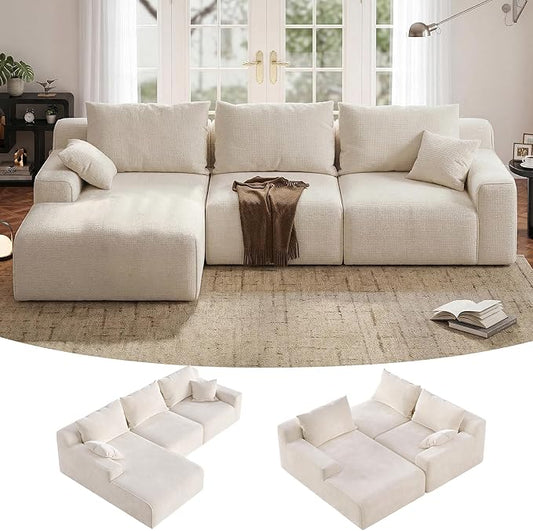 Homkdom L-Shaped Cloud Boneless Couch with Deep Seat, Modular Sectional Sofa with Oversized Chaise, 6 Layouts Combination for Living Room, Apartment, No Assembly (White Check, Left Facing Chaise)