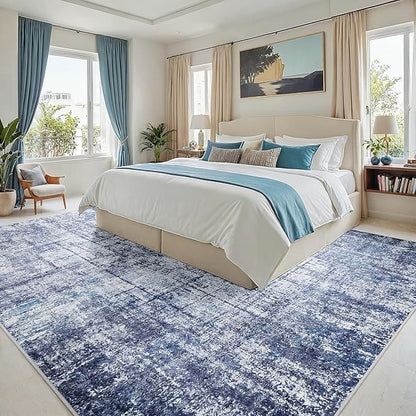 8x10 Area Rugs for Living Room Washable Rug: Anti-Skid Abstract Modern Living Room Rug Soft Thin Carpets Indoor Floor Non-Shedding Carpet for Bedroom Dining Farmhouse Nursery Navy Light Gray