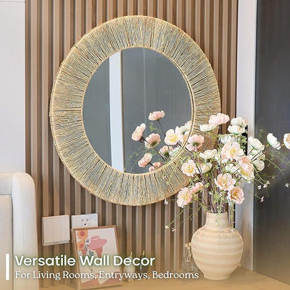 Chi An Home 24 Inch Natural Jute Mirror, Wall Mounted Round Mirror with Metal Frame, Wall Decor Rustic Farmhouse Boho Decor Accent for Bathroom, Bedroom, Living Room, or Entryway