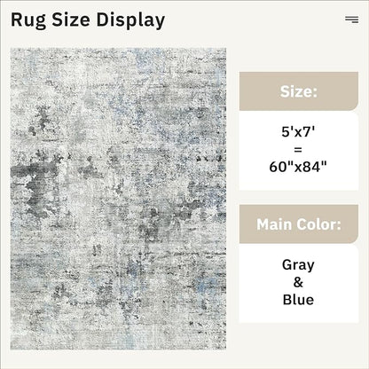 Soalmost Abstract Rug 5x7 Machine Washable Area Indoor Grey Low Pile Non-Slip Foldable Thin Accent Rugs for Bedroom Living Room Dining Room