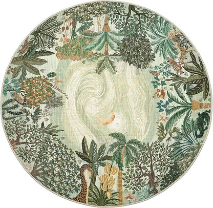 GarveeHome Round Area Rugs 5ft for Bedroom, Green Jungle Washable Circle Rug Soft Non Slip Forest Animal Print Floor Mat Tiger Carpet Indoor Thin Rug for Kids Room Dining Room Playroom Nursery