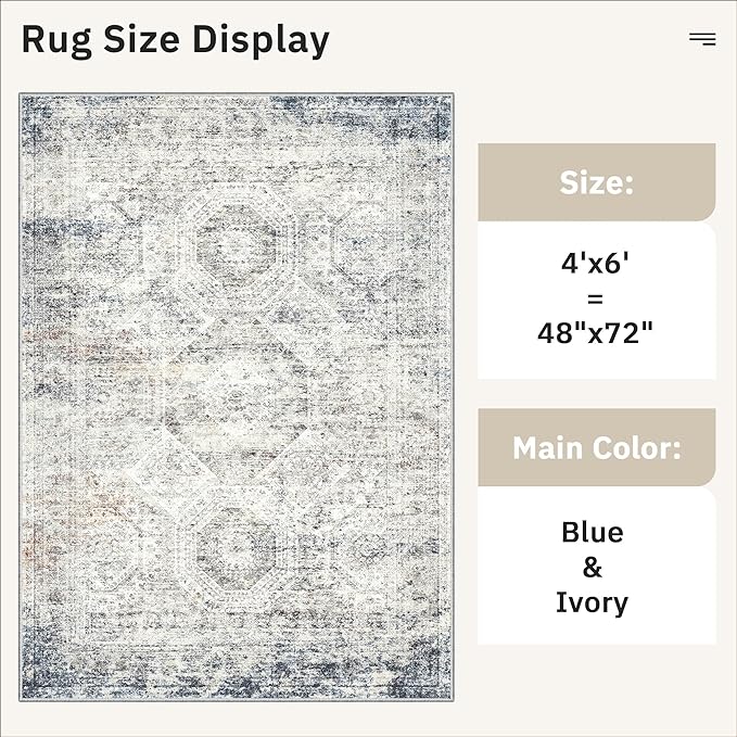 Soalmost 4x6 Area Rugs for Living Room, Vintage Washable Rugs for Dining Room, Bedroom, Home Office Decor, Non-Slip Blue Ivory Carpet Thin Rug