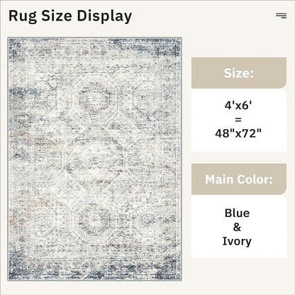 Soalmost 4x6 Area Rugs for Living Room, Vintage Washable Rugs for Dining Room, Bedroom, Home Office Decor, Non-Slip Blue Ivory Carpet Thin Rug