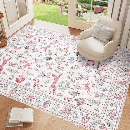 DUKINO 3x5 Rug, Washable Animal Area Rug with Non Slip Vintage Design, Indoor Soft Low Pile Carpet for Bedroom, Nursery, Dining Room, Farmhouse, Playroom, Pink