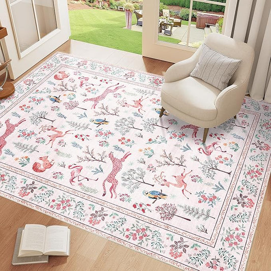 DUKINO 3x5 Rug, Washable Animal Area Rug with Non Slip Vintage Design, Indoor Soft Low Pile Carpet for Bedroom, Nursery, Dining Room, Farmhouse, Playroom, Pink