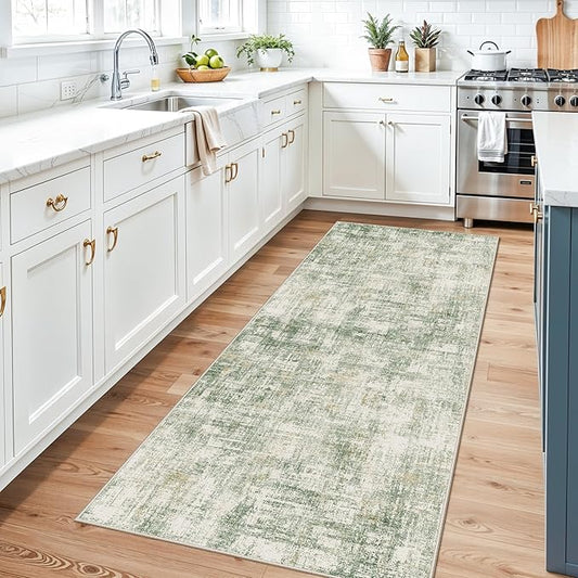 3x10 Ft Long Wide Hallway Runner Rug – Non-Slip Washable Wide Kitchen Runner, Low-Pile Thin Modern Abstract Floor Rug for Indoor Entryway, Bedroom, Living Room (Sage Green)