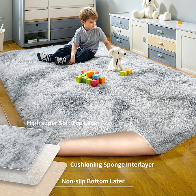 KICHOWUA Thick Area Rug 5x7 Light Grey Fluffy Shag for Bedroom, Ultra Soft Plush Fuzzy Washable Thickened Non Slip Carpet, Cozy Furry Shaggy Rug for Living Room Kids Nursery Dorm Room, Tie-Dye Gray