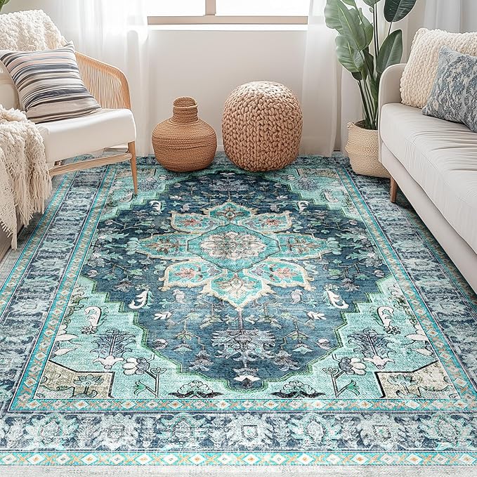 BESTSWEETIE 3x5 Area Rug Washable Rugs for Living Room, No Pile Boho Carpet for Entryway Bedroom Dinning Room, Vintage Carpet Print Distressed Non-Slip, 3 x 5 ft, Teal Dark Green