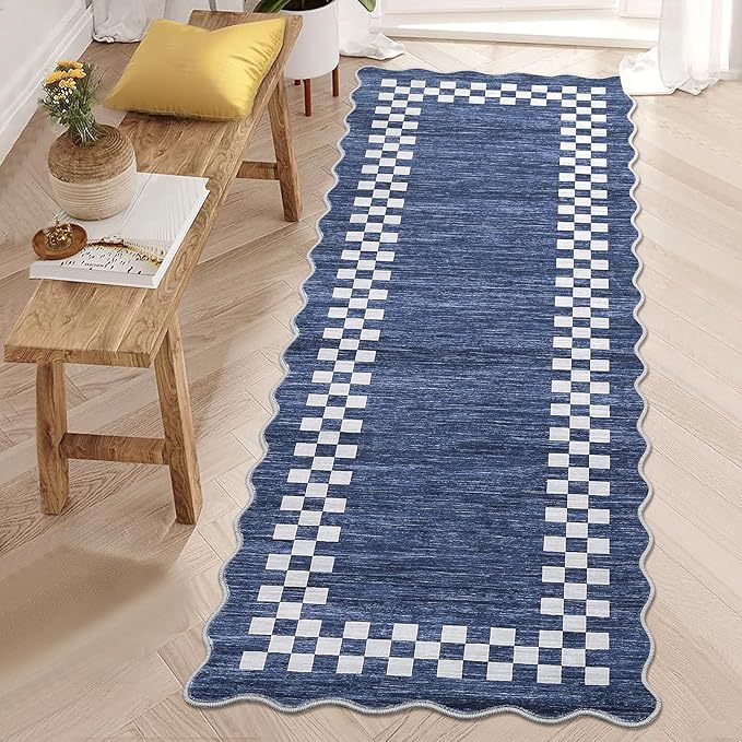 Rug Runners for Hallways 2x8 Washable Kitchen Runner Rug Non Slip Low Pile Bedside Throw Carpet Modern Bordered Bathroom Runners Checkered Area Rug for Living Room Bedroom Entryway Nursery, Blue
