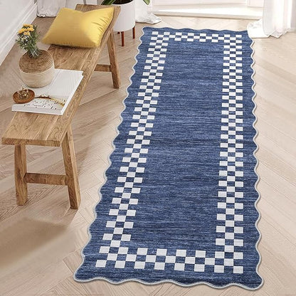 Washable Runner Rug 2x10 Modern Bordered Hallway Runner Rug Non Slip Kitchen Throw Carpet Checkered Bathroom Entryway Runner Rugs Low Pile Solid Area Rugs for Living Room Bedroom Nursery Sink, Blue