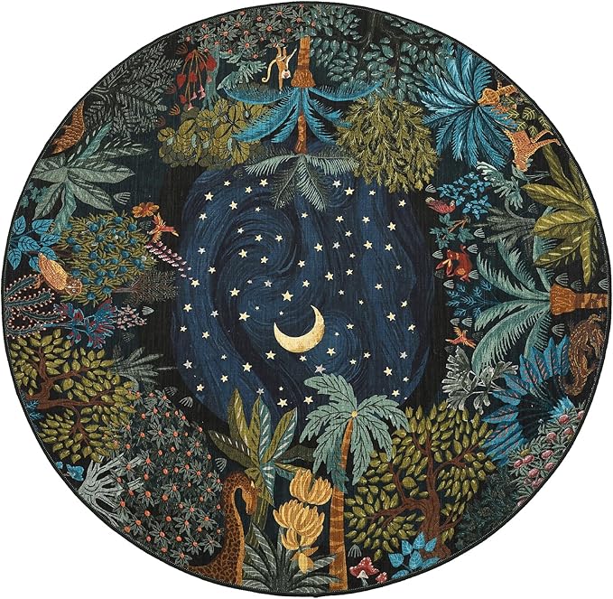 GarveeHome Round Area Rugs 8ft for Living Room, Large Green Jungle Washable Circle Rug Soft Non Slip Forest Animal Print Floor Mat Tiger Carpet Indoor Thin Rug for Bedroom Dining Room Playroom Nursery