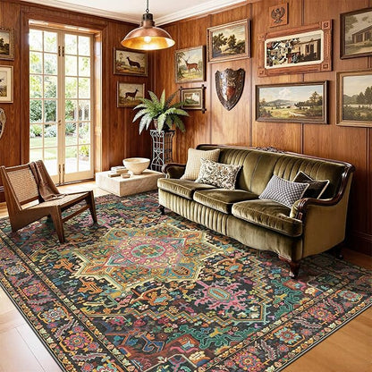 Kokia 4x6 Washable Black and Pink Area Rugs with Vintage Orient Design, Soft Rug for Living Room or Bedroom, Non-Slip Low Pile Stain Resistance Features, Distressed Medallion Pattern