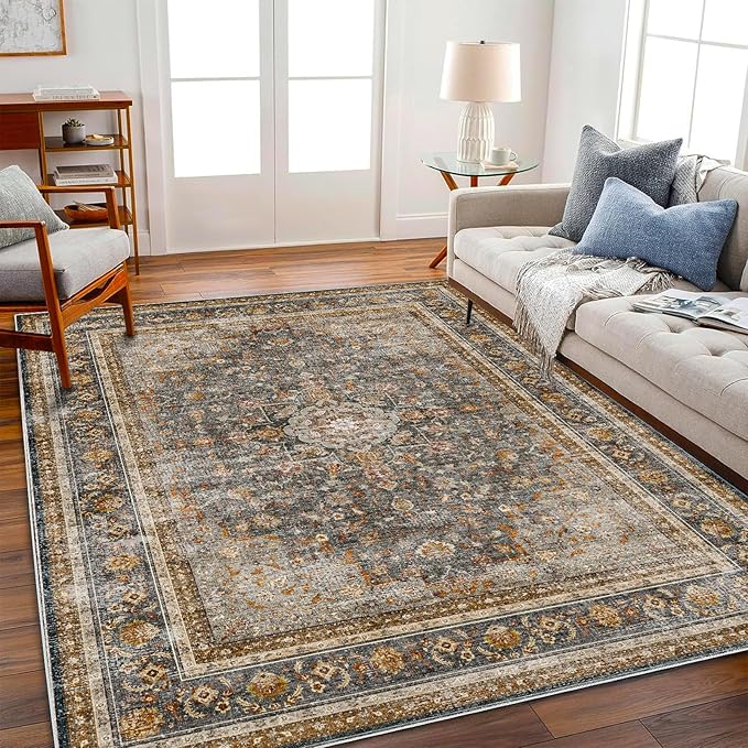 CHAMPLANT Washable Area Rug 4'x6' Traditional Floor Cover Foldable Thin Rugs Retro Kitchen Indoor Distressed Non Slip Carpet Floral Print Mat Bedroom Living Room