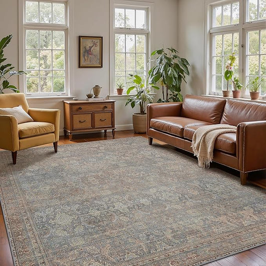 6x9 Area Rug Machine Washable Boho Rug for Living Room,Ultra-Thin Low Pile Carpet,Lightweight Indoor Printed Rug,Non Slip Floral Area Rug for Bedroom, Dining Room, Home Office,Grayish Blue